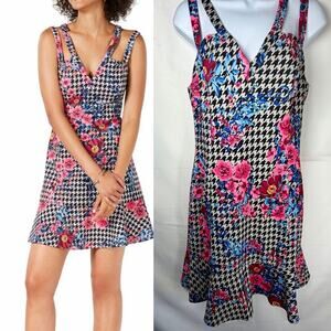 Guess Women's houndstooth A-Line floral mini dress y2k sz 8 black edgy party